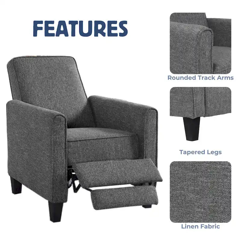 Fauteuil inclinable dossier poussoir traditionnel en tissu beige / gris / bleu avec repose-pieds caché, simple