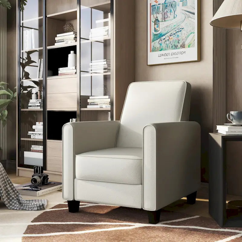 Fauteuil inclinable dossier poussoir traditionnel en tissu beige / gris / bleu avec repose-pieds caché, simple