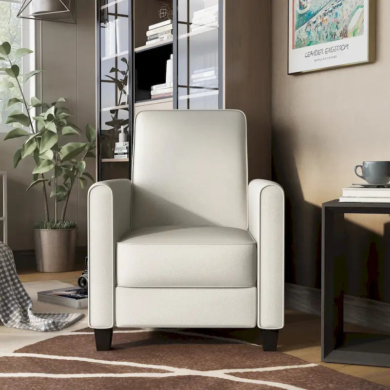 Fauteuil inclinable dossier poussoir traditionnel en tissu beige / gris / bleu avec repose-pieds caché, simple