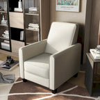 Fauteuil inclinable dossier poussoir traditionnel en tissu beige / gris / bleu avec repose-pieds caché, simple