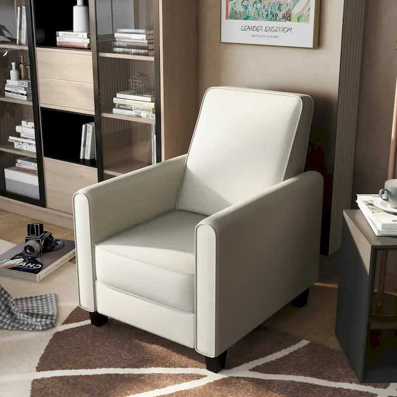 Fauteuil inclinable dossier poussoir traditionnel en tissu beige / gris / bleu avec repose-pieds caché, simple