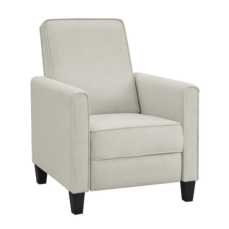 Fauteuil inclinable dossier poussoir traditionnel en tissu beige / gris / bleu avec repose-pieds caché, simple