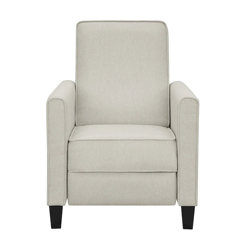 Fauteuil inclinable dossier poussoir traditionnel en tissu beige / gris / bleu avec repose-pieds caché, simple