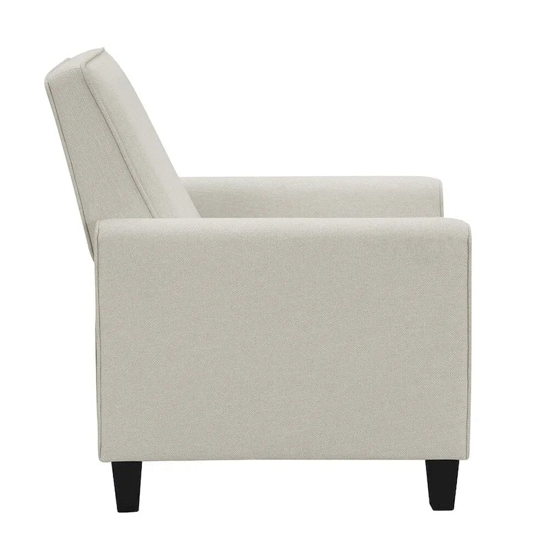 Fauteuil inclinable dossier poussoir traditionnel en tissu beige / gris / bleu avec repose-pieds caché, simple