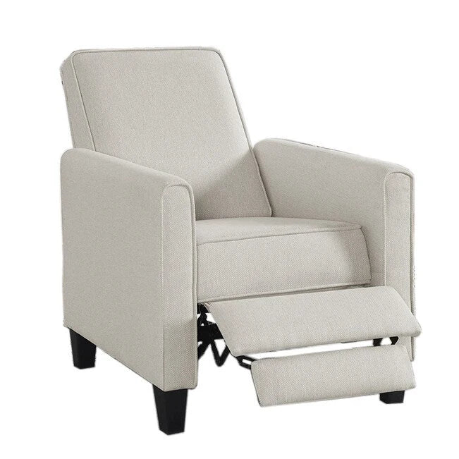Fauteuil inclinable dossier poussoir traditionnel en tissu beige / gris / bleu avec repose-pieds caché, simple