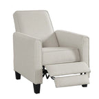 Fauteuil inclinable dossier poussoir traditionnel en tissu beige / gris / bleu avec repose-pieds caché, simple