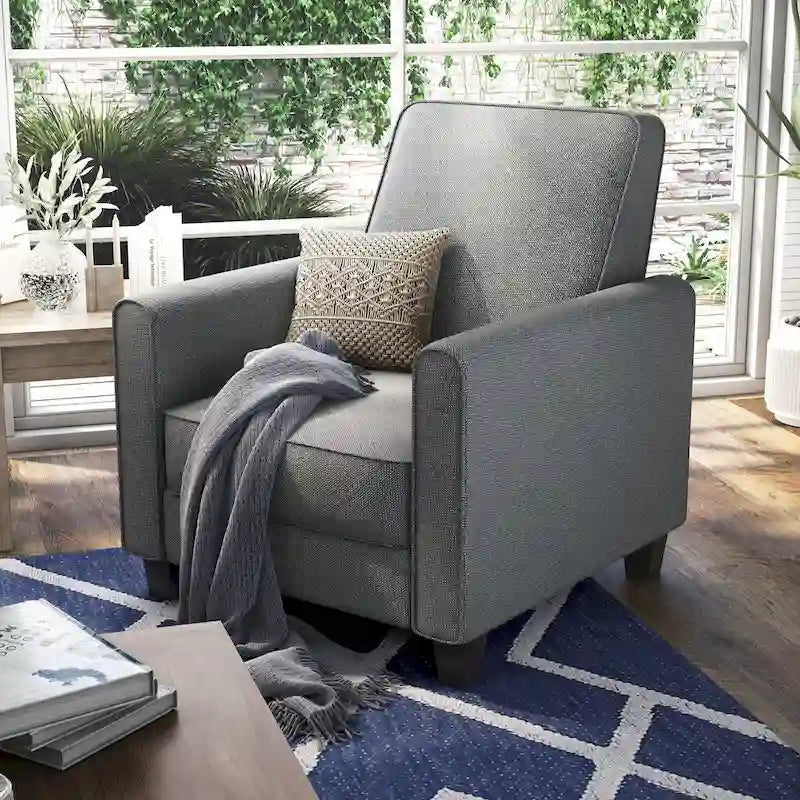 Fauteuil inclinable dossier poussoir traditionnel en tissu beige / gris / bleu avec repose-pieds caché, simple