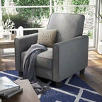 Fauteuil inclinable dossier poussoir traditionnel en tissu beige / gris / bleu avec repose-pieds caché, simple