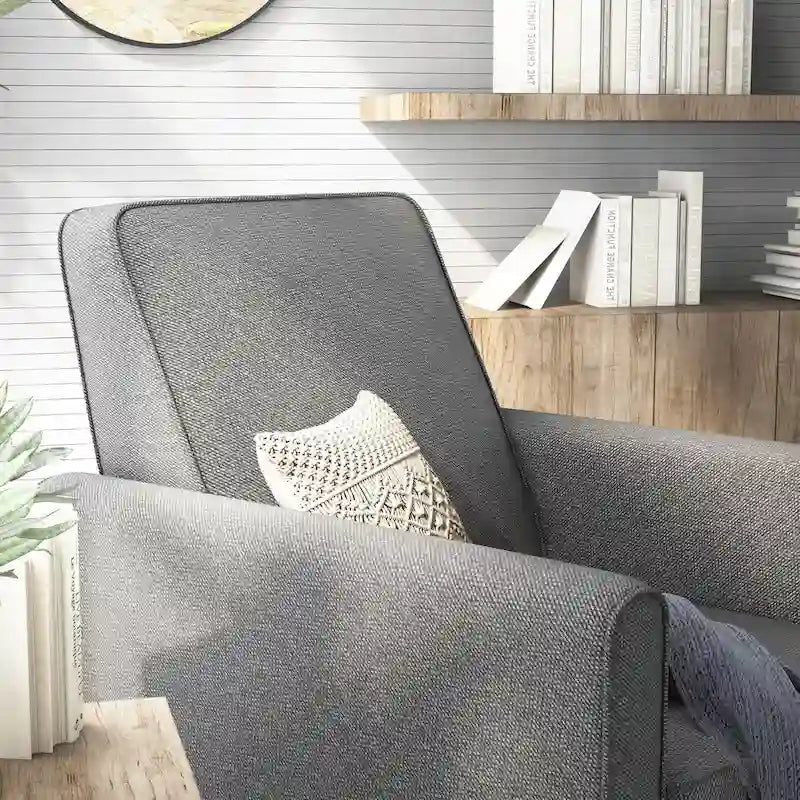 Fauteuil inclinable dossier poussoir traditionnel en tissu beige / gris / bleu avec repose-pieds caché, simple