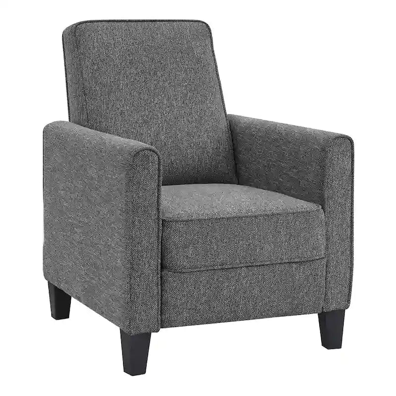 Fauteuil inclinable dossier poussoir traditionnel en tissu beige / gris / bleu avec repose-pieds caché, simple