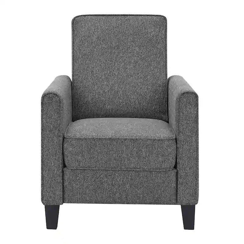 Fauteuil inclinable dossier poussoir traditionnel en tissu beige / gris / bleu avec repose-pieds caché, simple