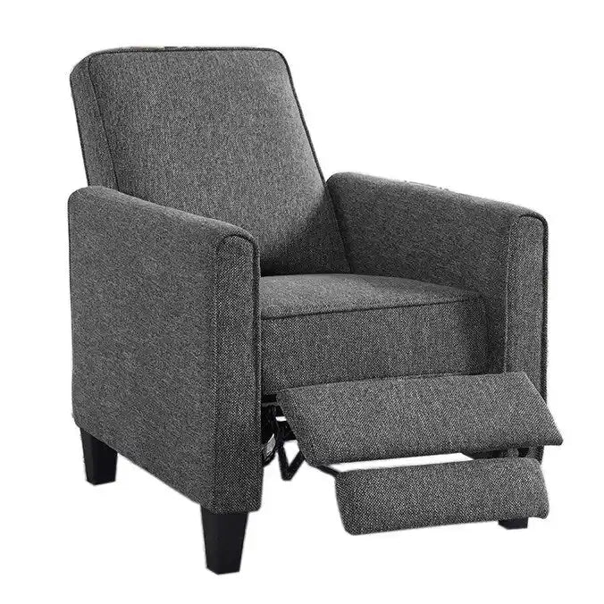Fauteuil inclinable dossier poussoir traditionnel en tissu beige / gris / bleu avec repose-pieds caché, simple
