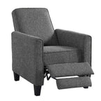 Fauteuil inclinable dossier poussoir traditionnel en tissu beige / gris / bleu avec repose-pieds caché, simple