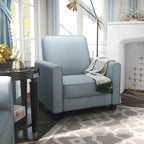 Fauteuil inclinable dossier poussoir traditionnel en tissu beige / gris / bleu avec repose-pieds caché, simple