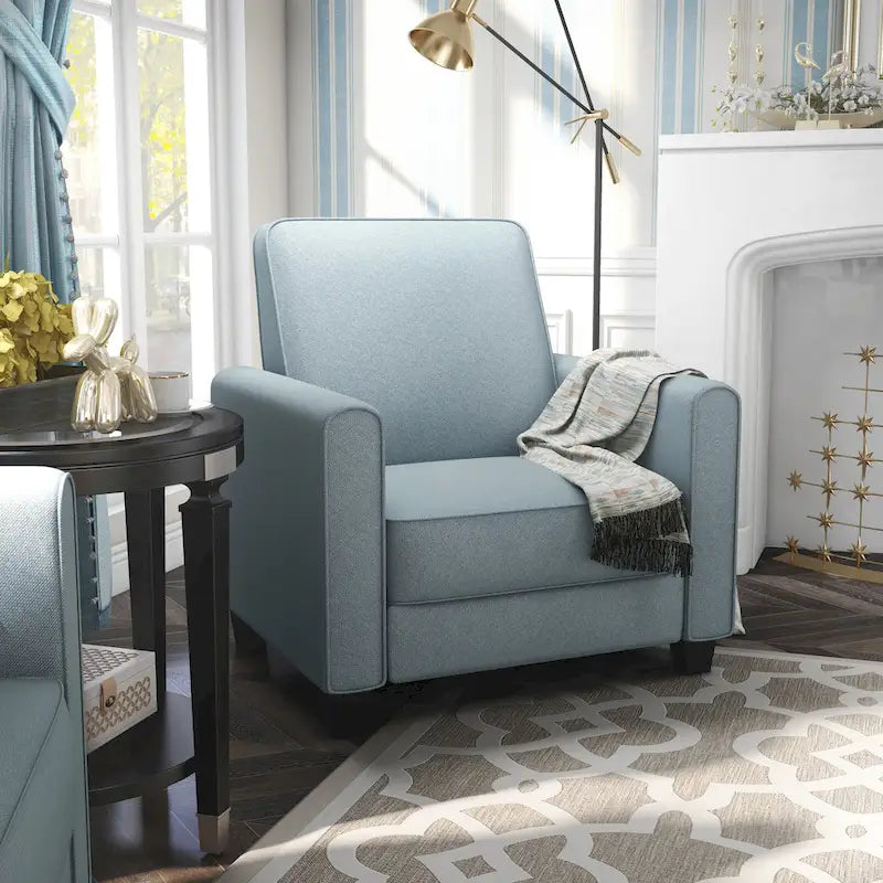 Fauteuil inclinable dossier poussoir traditionnel en tissu beige / gris / bleu avec repose-pieds caché, simple