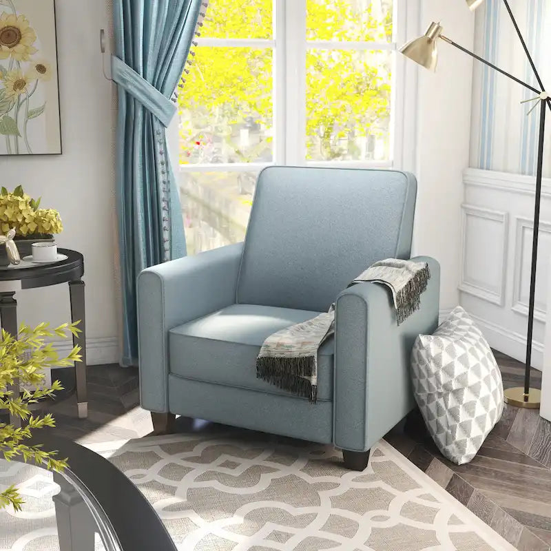 Fauteuil inclinable dossier poussoir traditionnel en tissu beige / gris / bleu avec repose-pieds caché, simple