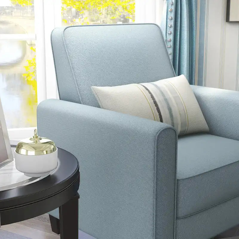 Fauteuil inclinable dossier poussoir traditionnel en tissu beige / gris / bleu avec repose-pieds caché, simple