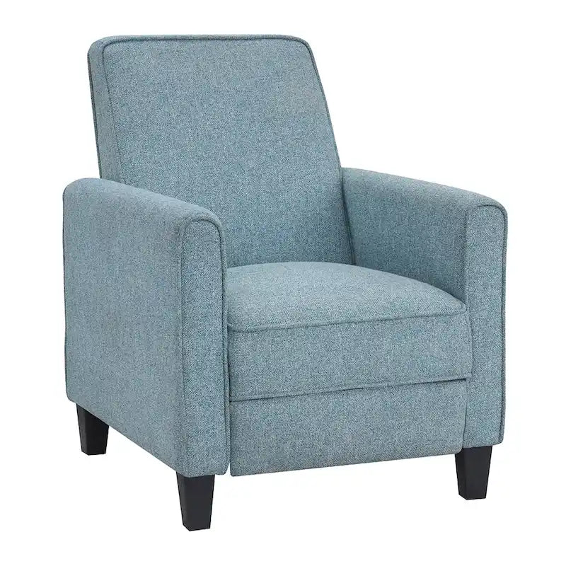 Fauteuil inclinable dossier poussoir traditionnel en tissu beige / gris / bleu avec repose-pieds caché, simple