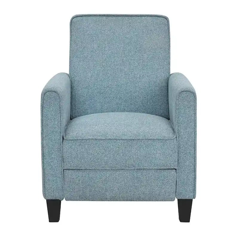 Fauteuil inclinable dossier poussoir traditionnel en tissu beige / gris / bleu avec repose-pieds caché, simple