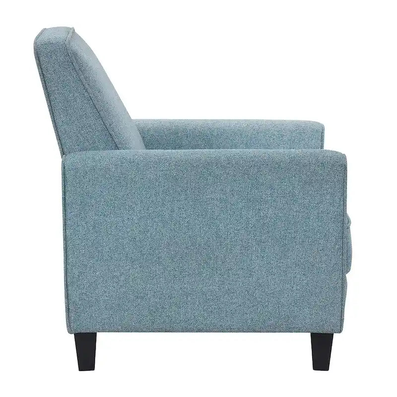 Fauteuil inclinable dossier poussoir traditionnel en tissu beige / gris / bleu avec repose-pieds caché, simple
