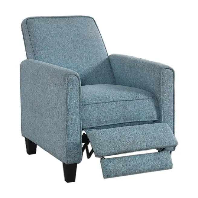 Fauteuil inclinable dossier poussoir traditionnel en tissu beige / gris / bleu avec repose-pieds caché, simple