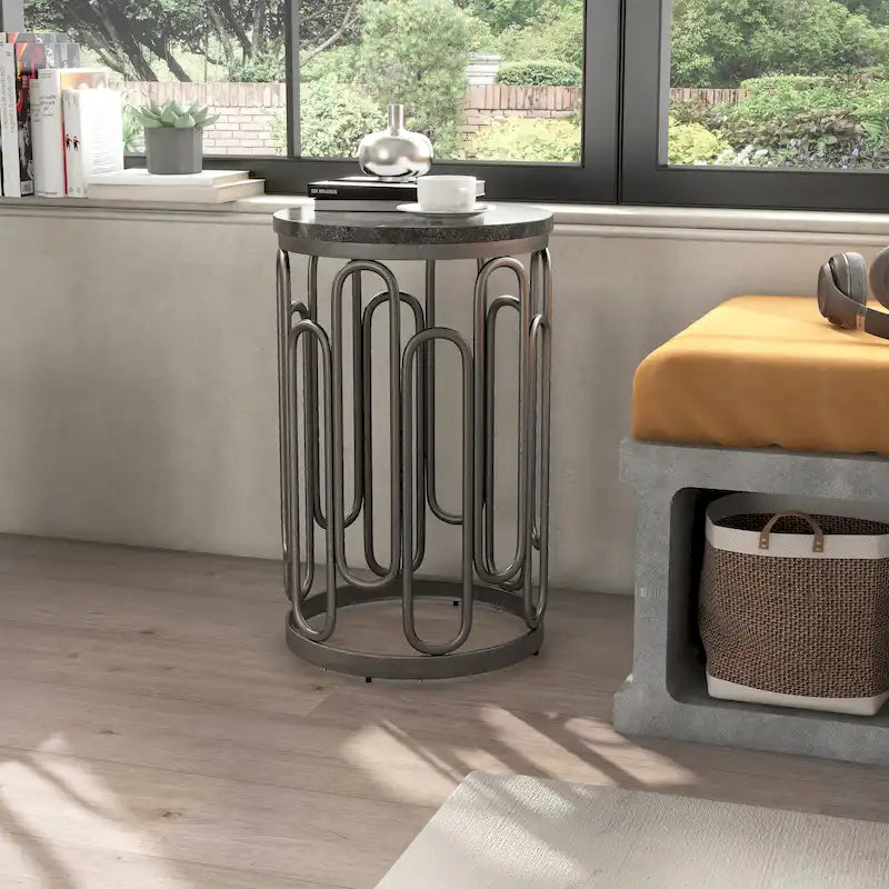 Table d'appoint ronde avec plateau en marbre et piètement décoratif en fer, noire, style moderne