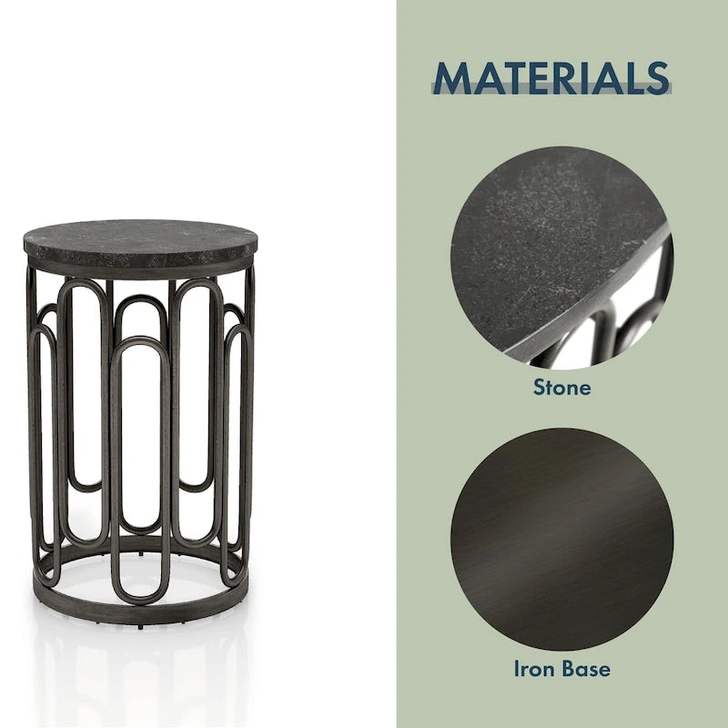 Table d'appoint ronde avec plateau en marbre et piètement décoratif en fer, noire, style moderne