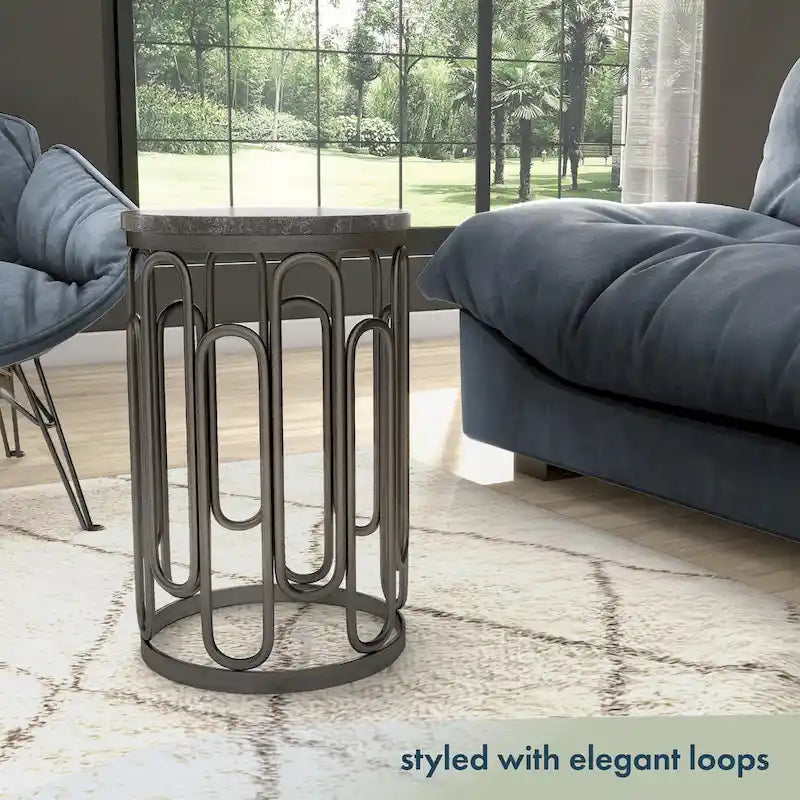 Table d'appoint ronde avec plateau en marbre et piètement décoratif en fer, noire, style moderne