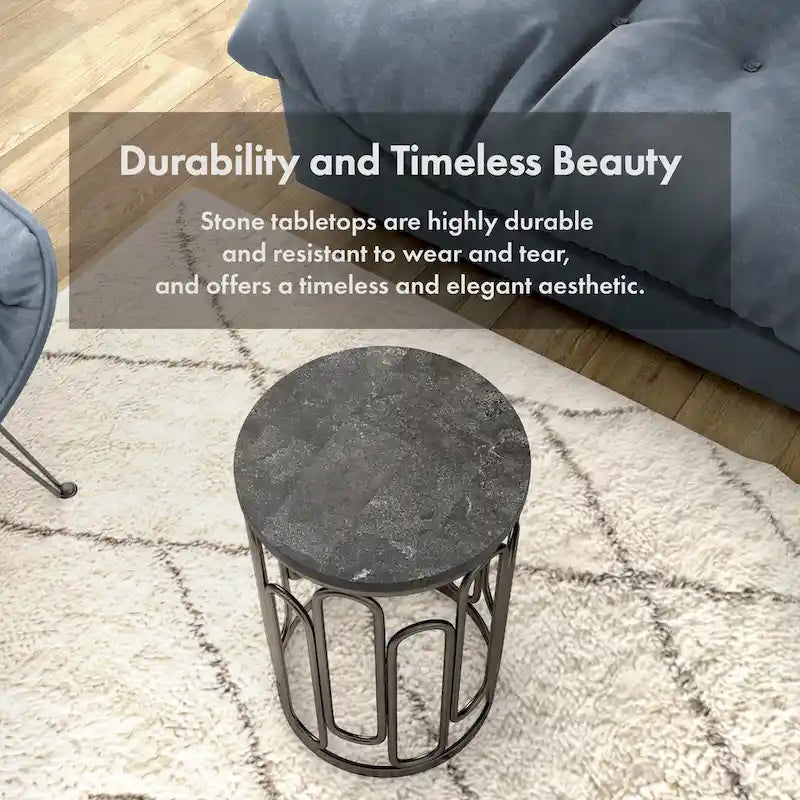 Table d'appoint ronde avec plateau en marbre et piètement décoratif en fer, noire, style moderne