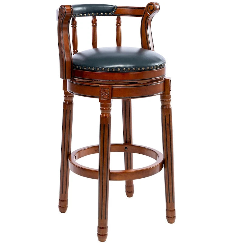 Tabouret de bar pivotant avec dossier, bleu/crème, assise en cuir, cadre en bois, unité
