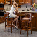 Tabouret de bar pivotant avec dossier, bleu/crème, assise en cuir, cadre en bois, unité