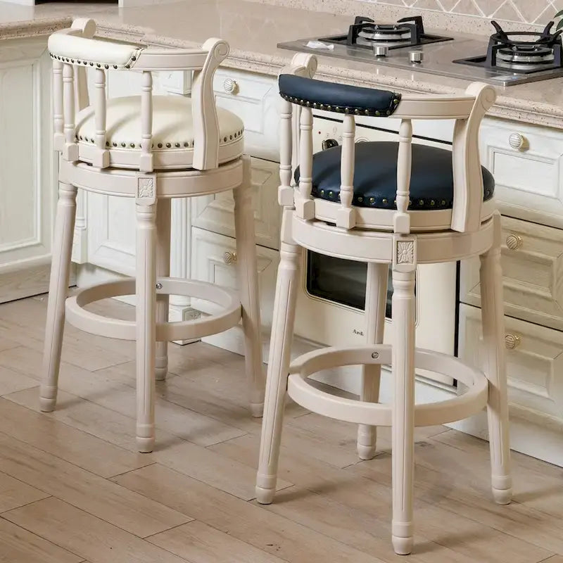 Tabouret de bar pivotant avec dossier, bleu/crème, assise en cuir, cadre en bois, unité