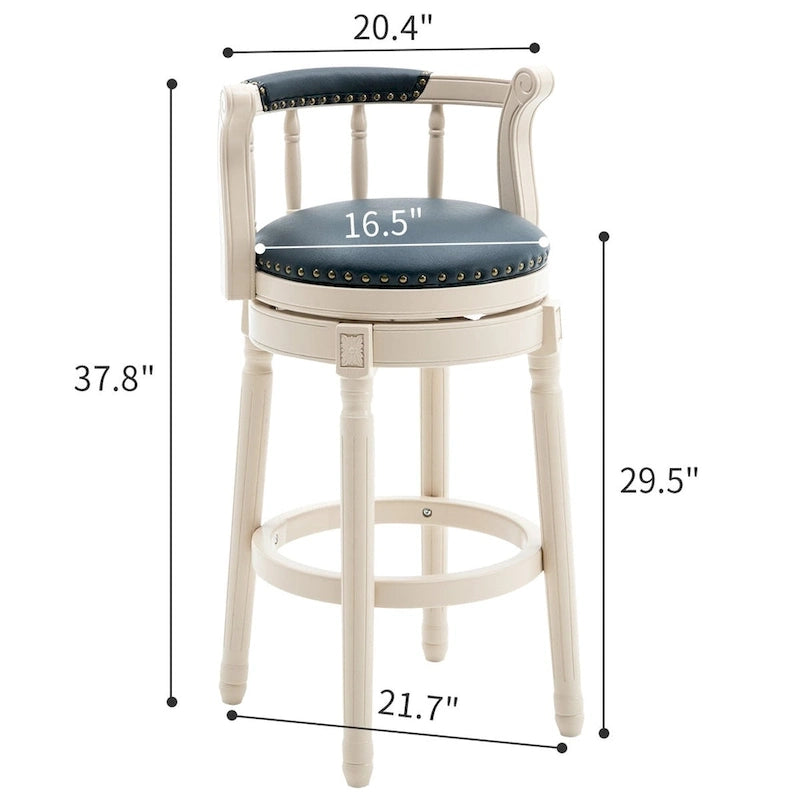 Tabouret de bar pivotant avec dossier, bleu/crème, assise en cuir, cadre en bois, unité