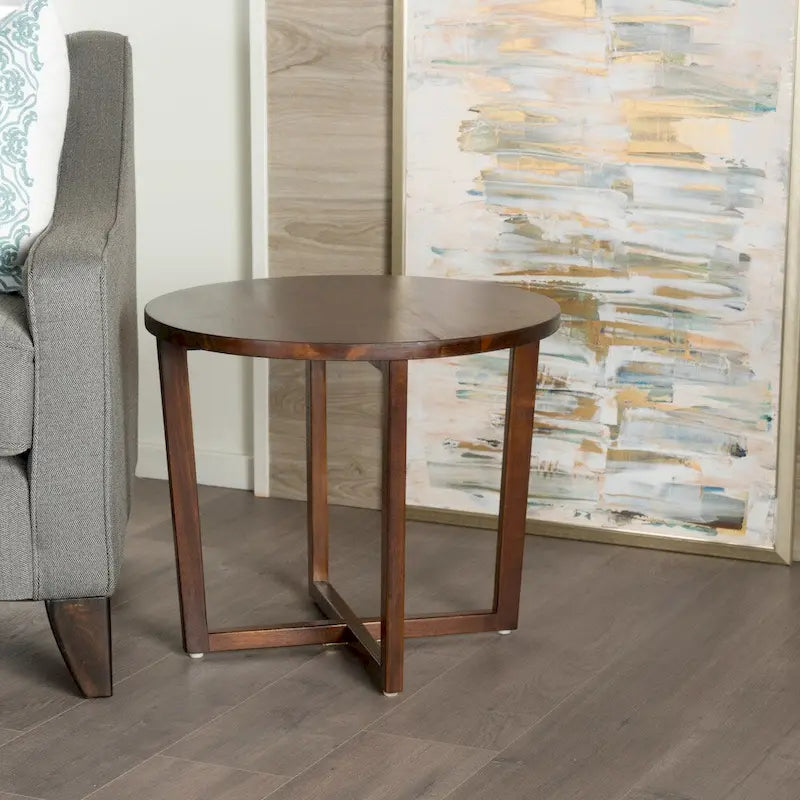Table d'appoint ronde en bois d'acacia acajou foncé avec pieds croisés