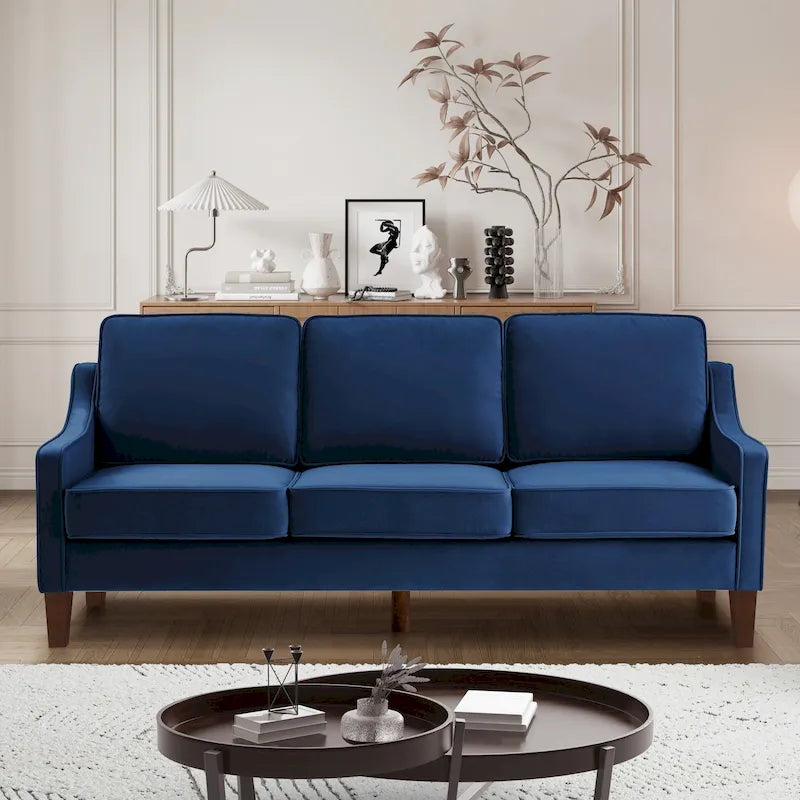 Canapé moderne en velours avec accoudoirs incurvés et pieds en bois, 3 places — Bleu marine / Noir / Taupe