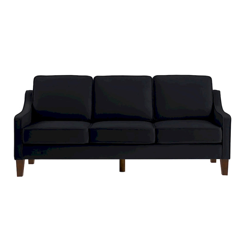 Canapé moderne en velours avec accoudoirs incurvés et pieds en bois, 3 places — Bleu marine / Noir / Taupe