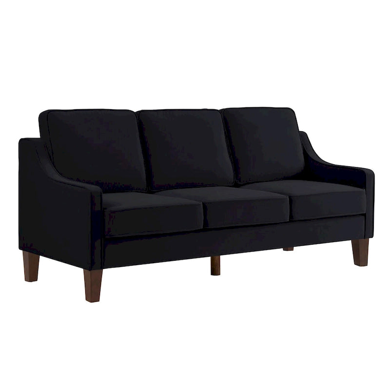 Canapé moderne en velours avec accoudoirs incurvés et pieds en bois, 3 places — Bleu marine / Noir / Taupe