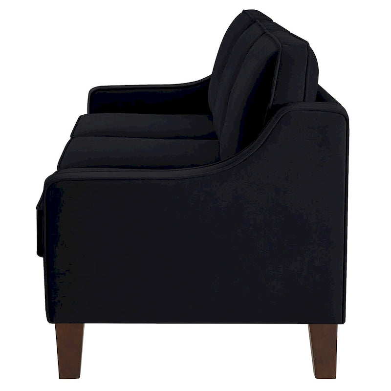 Canapé moderne en velours avec accoudoirs incurvés et pieds en bois, 3 places — Bleu marine / Noir / Taupe