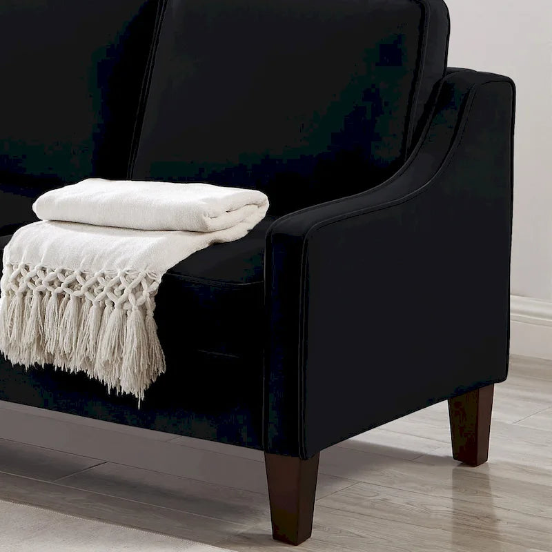 Canapé moderne en velours avec accoudoirs incurvés et pieds en bois, 3 places — Bleu marine / Noir / Taupe