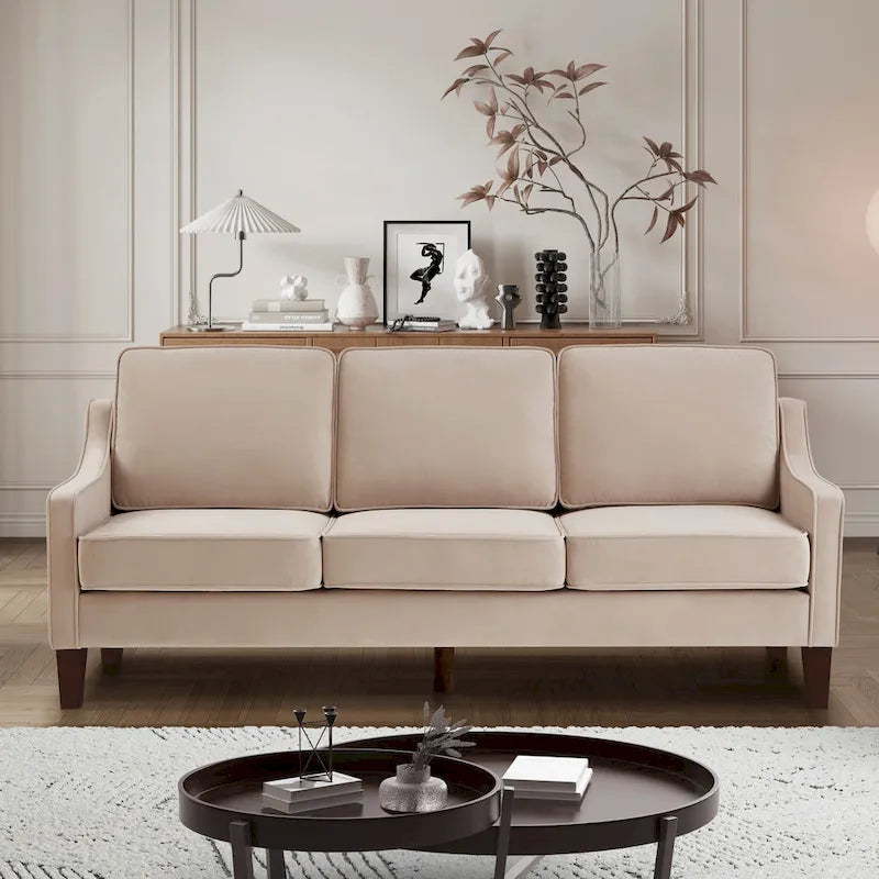 Canapé moderne en velours avec accoudoirs incurvés et pieds en bois, 3 places — Bleu marine / Noir / Taupe