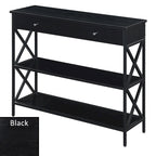 Console moderne noire / bois flotté / gris patiné avec 1 tiroir, 2 étagères et cadre métallique entrecroisé