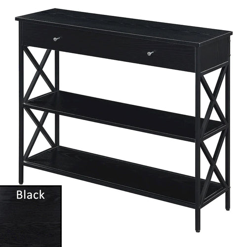 Console moderne noire / bois flotté / gris patiné avec 1 tiroir, 2 étagères et cadre métallique entrecroisé