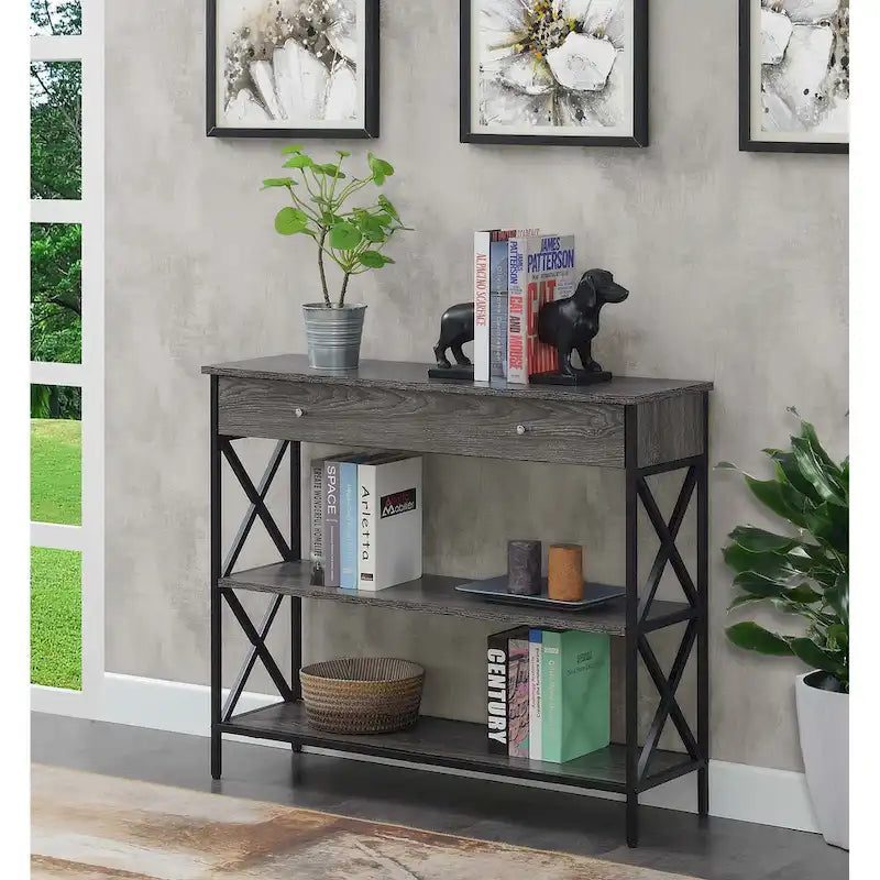 Console moderne noire / bois flotté / gris patiné avec 1 tiroir, 2 étagères et cadre métallique entrecroisé
