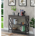 Console moderne noire / bois flotté / gris patiné avec 1 tiroir, 2 étagères et cadre métallique entrecroisé