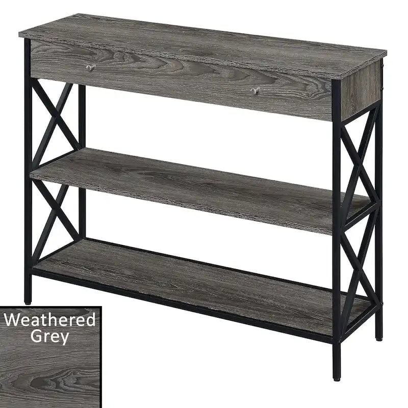 Console moderne noire / bois flotté / gris patiné avec 1 tiroir, 2 étagères et cadre métallique entrecroisé