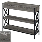 Console moderne noire / bois flotté / gris patiné avec 1 tiroir, 2 étagères et cadre métallique entrecroisé