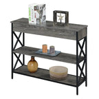Console moderne noire / bois flotté / gris patiné avec 1 tiroir, 2 étagères et cadre métallique entrecroisé