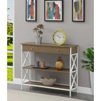 Console moderne noire / bois flotté / gris patiné avec 1 tiroir, 2 étagères et cadre métallique entrecroisé