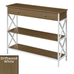 Console moderne noire / bois flotté / gris patiné avec 1 tiroir, 2 étagères et cadre métallique entrecroisé