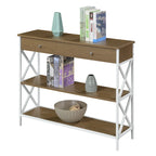 Console moderne noire / bois flotté / gris patiné avec 1 tiroir, 2 étagères et cadre métallique entrecroisé